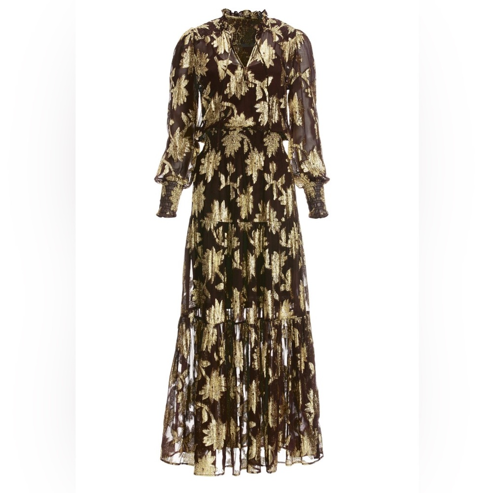 Boston Proper Floral Metallic Print Boho Maxi Viscose Dress Small & Medium NWT